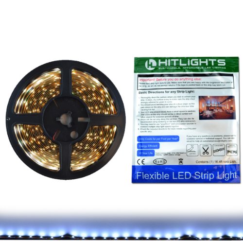 HitLights Cool White SMD3528 LED Light Strip - 300 LEDs, 16.4 Ft Roll, Cut to length - 6000K, 72 Lumens per foot, Requires 12V DC