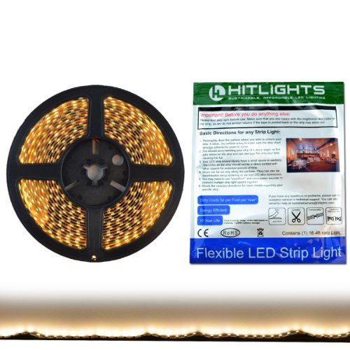 HitLights Warm White High Density SMD3528 LED Light Strip - 600 LEDs, 16.4 Ft Roll, Cut to length - 3000K, 144 Lumens per foot, Requires 12V DC