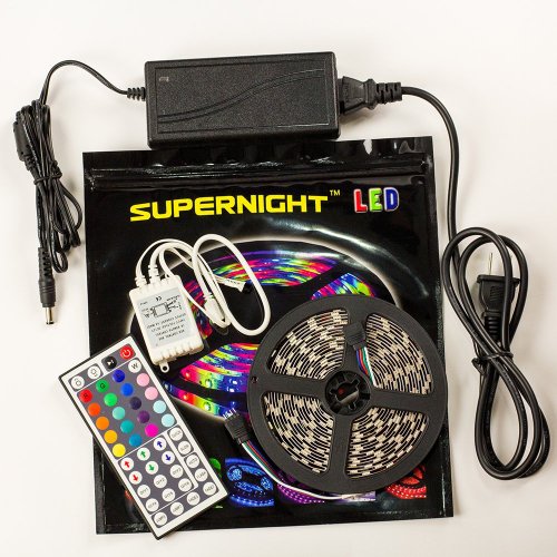 SUPERNIGHT 16.4ft 5M Non-waterproof Flexible Strip 300leds Color Changing RGB SMD3528 LED Light Strip Kit RGB 5M +44Key IR Remote Controller+12V 3A Power Supply