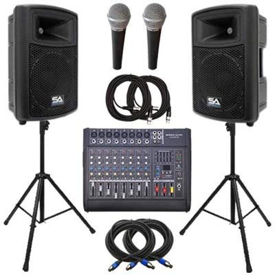 Seismic Audio - Landslide8-PKG22 - 15" Molded PA Speaker Package with Mixer, Mics, and Stands