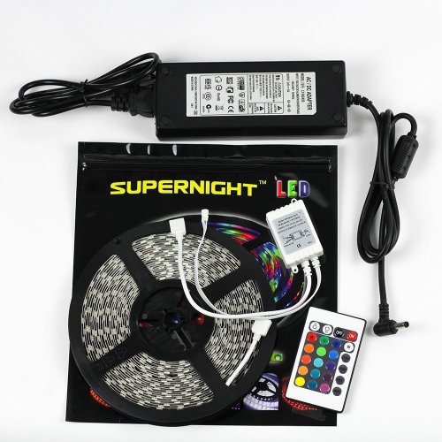 SUPERNIGHT 32.8ft 10M Non-waterproof Flexible Strip 600leds Color Changing RGB SMD5050 LED Light Strip Kit RGB 5M +24Key Remote+24V 5A Power Supply