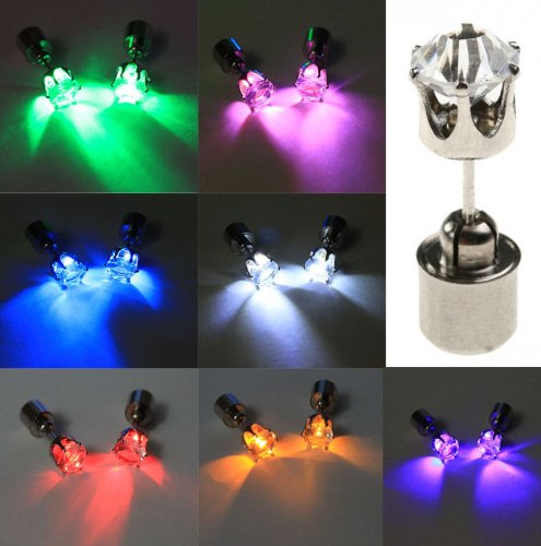 Pasonomi 1 Pair LED Earrings Glowing Light Up Crown Ear Drop Pendant Stud Stainless Multi-Color