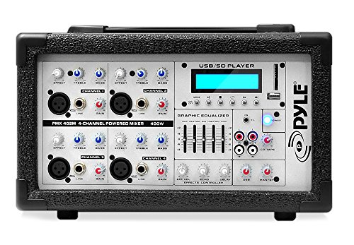 Pyle PMX402M 400-Watt 4-Channel Powered Mixer with Aux (3.5mm) Input, USB/SD Readers, Headphone Jack