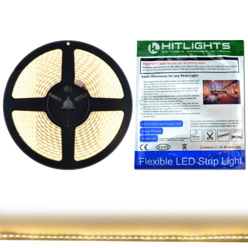 HitLights Waterproof Warm White High Density SMD3528 LED Light Strip - 600 LEDs, 16.4 Ft Roll, Cut to length - 3000K, 144 Lumens per foot, IP65, Requires 12V DC