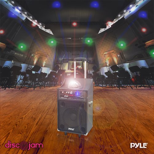 Pyle PSUFM1049A 600 Watt Bluetooth 2-Way PA Speaker System with USB and SD Readers, FM Radio, 3.5mm Input and Flashing DJ Lights
