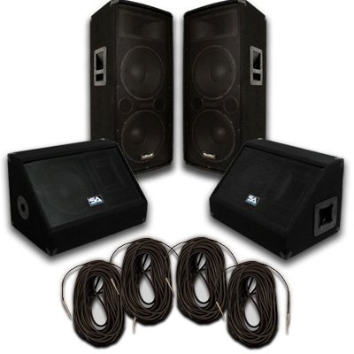 Seismic Audio - Pair of Dual 12" PA DJ SPEAKERS 10" FLOOR MONITORS 4 50' SPEAKER CABLES PRO AUDIO