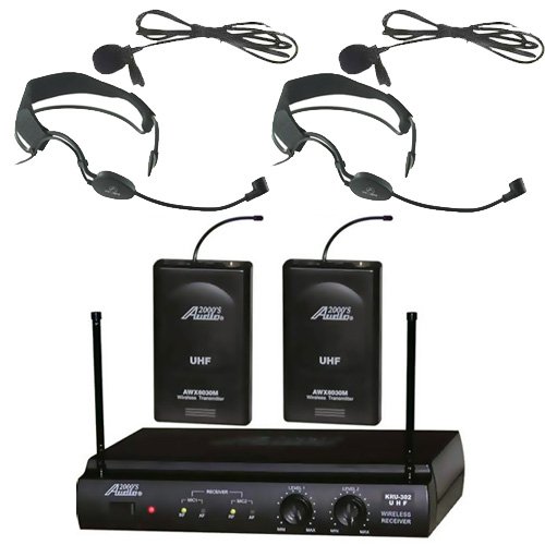 Audio2000s 6032uf UHF Dual Channel Wireless Microphone with Two Headband Headset & Two Lapel (Lavalier) Mic