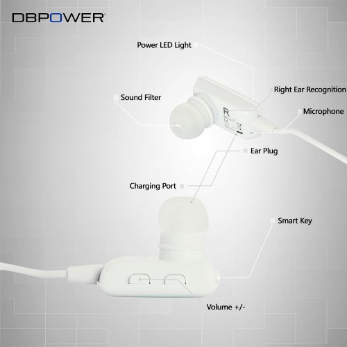DBPOWER® White Handsfree Bluetooth A2DP Music Earbud Headphones for iPhone 4 4s 5 iPad mini iPad 1 2 3 4 Galaxy S 1 2 3 4 Note 1 2 HTC one M7 Sony L36h Nokia Lumia 920 and other Bluetooth Phone Tablet PC