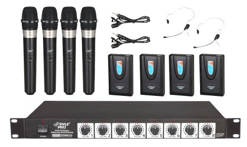 Pyle-Pro Rack Mount 8 Channel Wireless Microphone System with 4 Lavalier/Headsets and 4 Handheld Mics (PDWM8700)