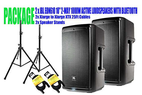 PACKAGE! 2 x JBL EON610 10" 2-WAY 1000W ACTIVE LOUDSPEAKERS WITH BLUETOOTH + 2x SPEAKER STANDS +2x XLARGE TO XLARGE XTX 25FT CABLES
