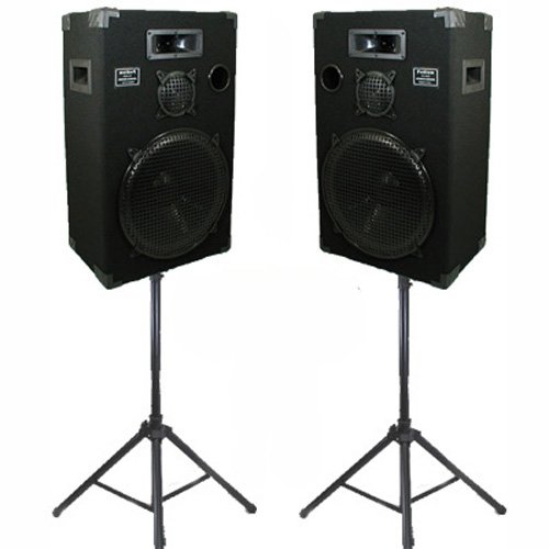 Podium Pro Studio Speakers 15" Three Way Pro Audio Monitor Pair and Stands Set for PA DJ Home or Karaoke 1500CSET1