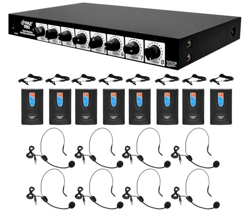 Pyle-Pro PDWM8900 Rack Mount 8 Channel Wireless Microphone System with 8 Lavalier/Headsets