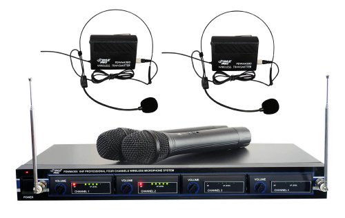Pyle PDWM4300 VHF Wireless Rack Mount Microphone System, 2 Handheld Mics, 2 Belt Pack Transmitters, 2 Lavalier & 2 Headset Mics