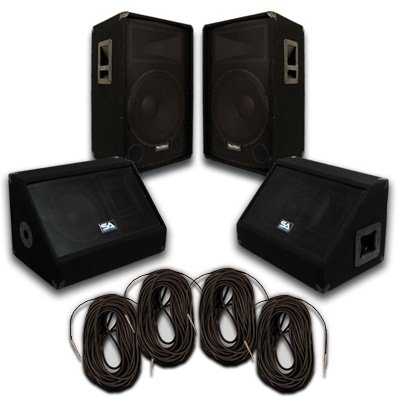 Seismic Audio - Pair of 15" PA DJ SPEAKERS 10" FLOOR MONITORS 4 SPEAKER CABLES PRO AUDIO - Band, Bar, Wedding
