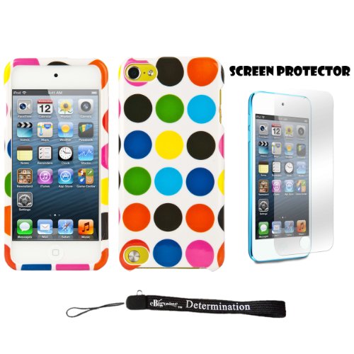 Colorful Circles 2 piece Cover Shield Protector Case For Apple iPod Touch 5 ( 5th Generation) 32GB, 64GB + Anti Glare Screen Protector Guard + an eBigValue TM Determination Hand Strap