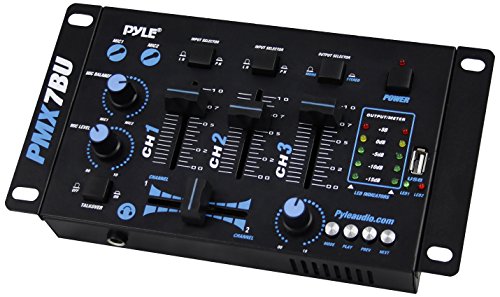 Pyle PMX7BU Bluetooth 3-Channel DJ MP3 Mixer, Mic-Talkover, USB Flash Reader, Dual RCA & Microphone Inputs, Headphone Jack