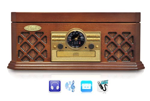 Pyle PTCD4BT Bluetooth Classic Style Record Player Turntable with CD Player, Cassette Deck, AUX (3.5mm) Input, Wireless Music Streaming